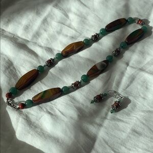 Handmade Green and Brown Beaded Necklace & Earring set